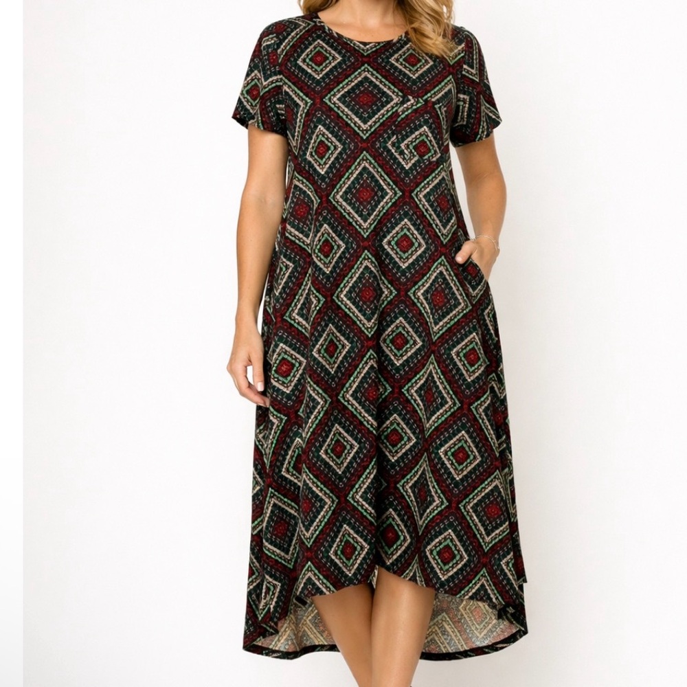 LuLaRoe Cassie Dress Small | Fall Geometric Print High Low Hem Short Sleeve